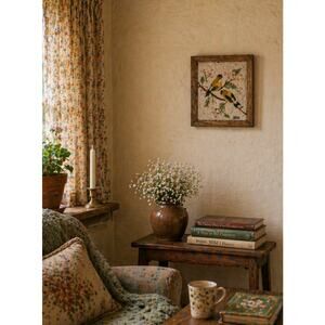 Vintage Hook Loop 2 Birds on a Branch Rug Piece Wood Frame Wall Hanging